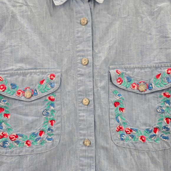 Blue Button Up Floral Embroidered Short Sleeve Vintage Y2K Short Top M Medium - Picture 5 of 6